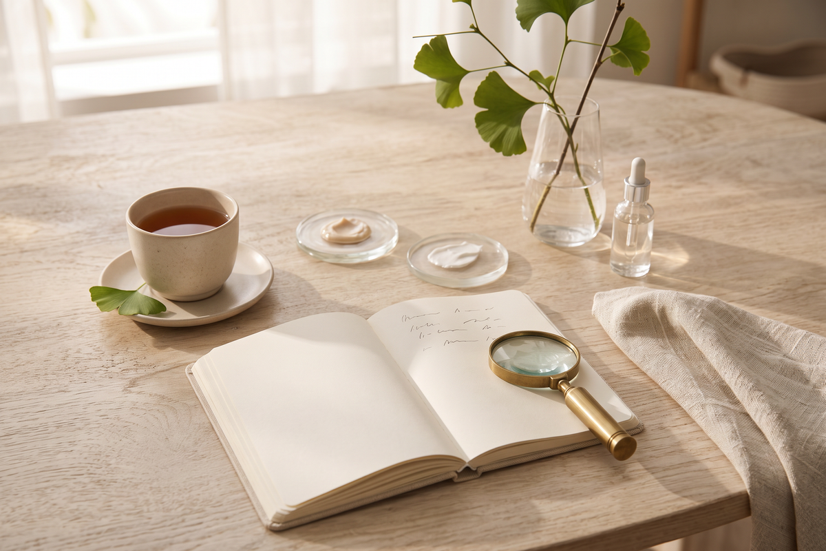 Responsible skincare selection with products and botanical textures