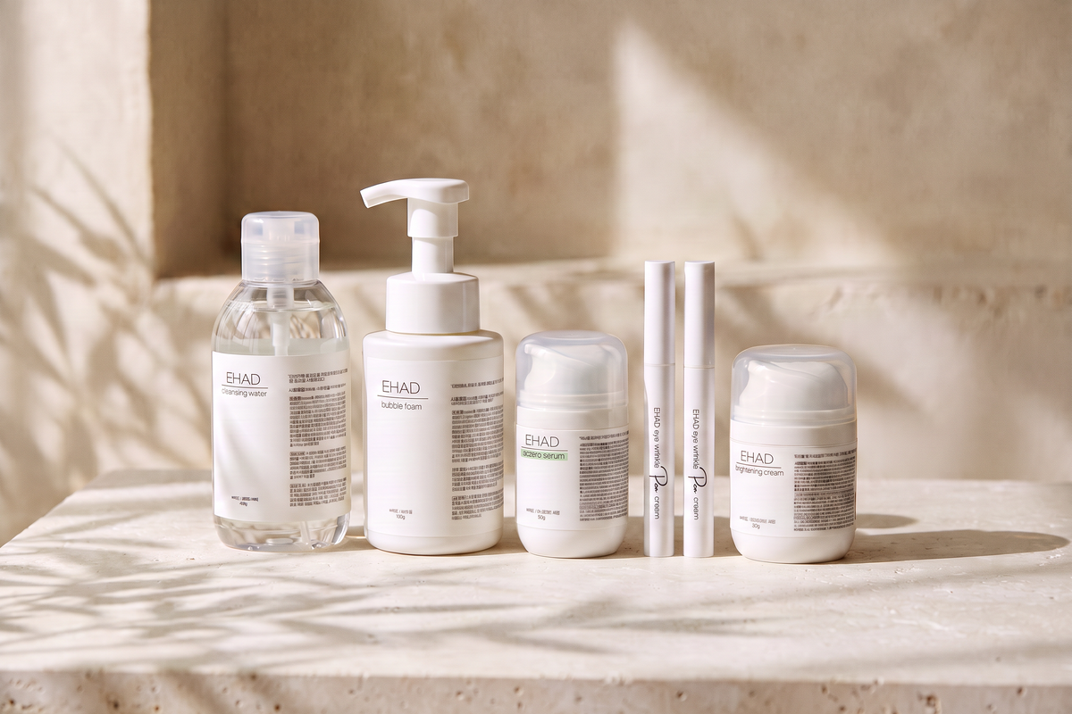 The five selected EHAD skincare products on a white surface