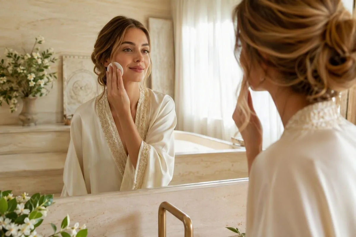 Woman removing make-up with a cotton pad in a warm bathroom